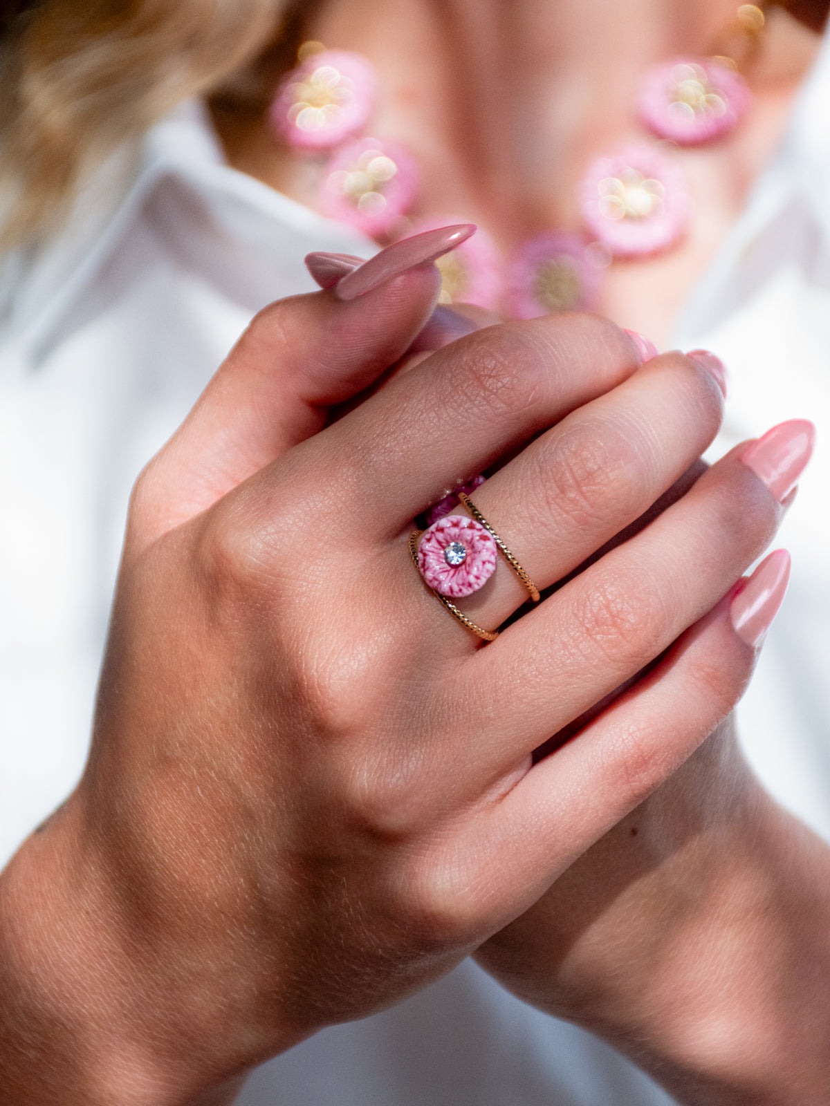 Bague double anneau chardon rose