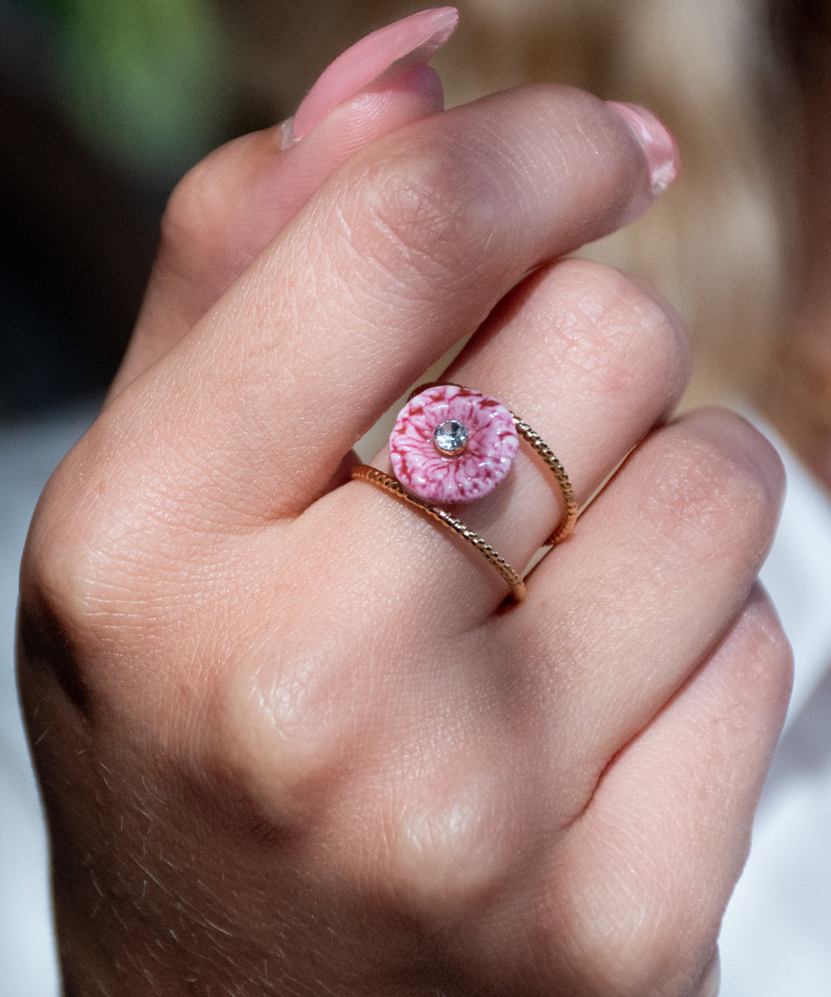 Bague double anneau chardon rose