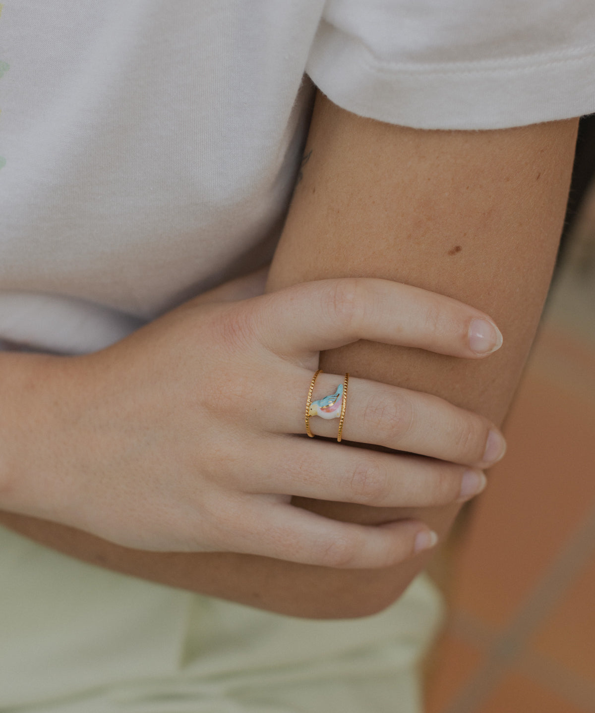 Bague double anneau oiseau bleu