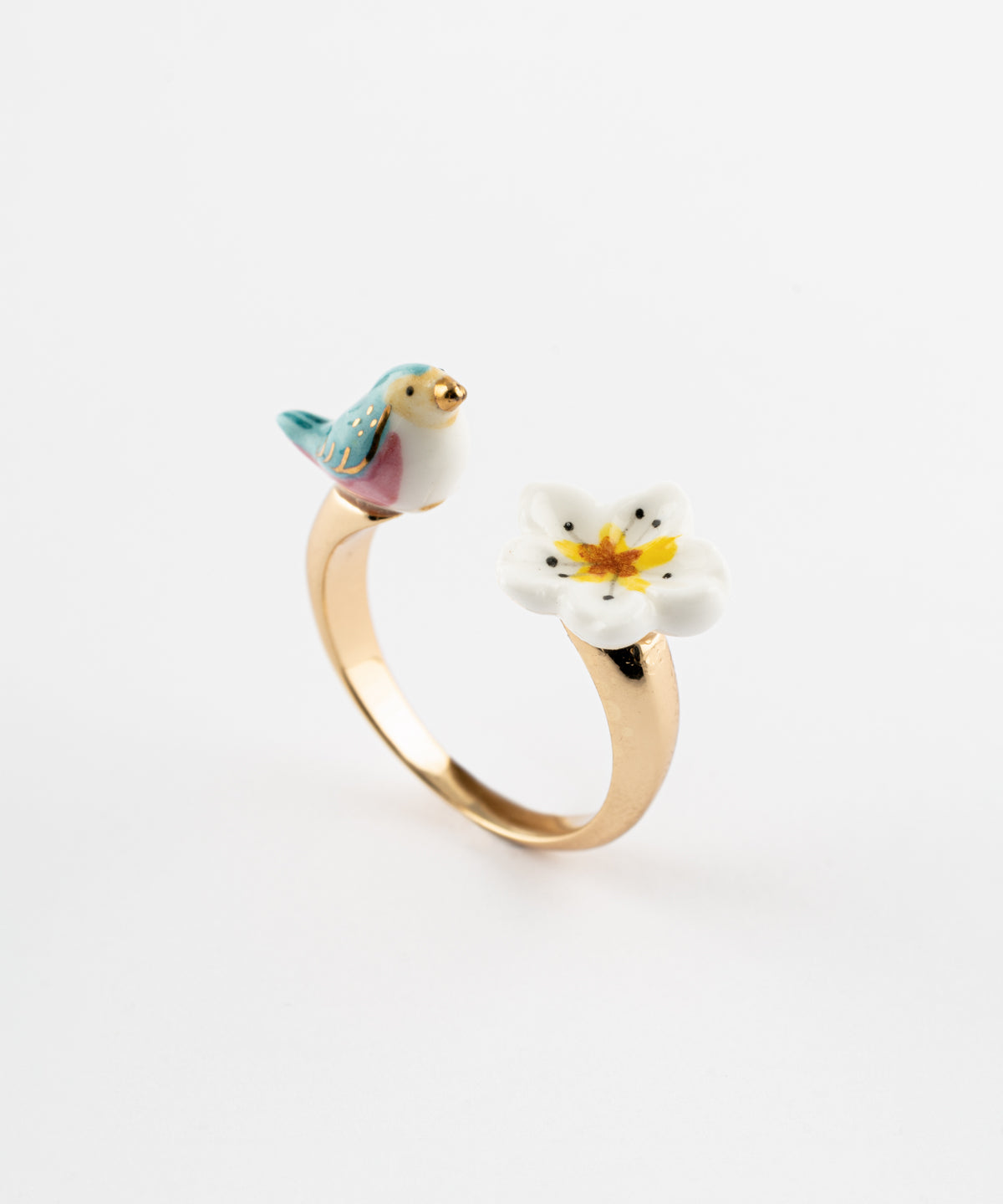 Bague FaceToFace oiseau bleu & fleur de poirier