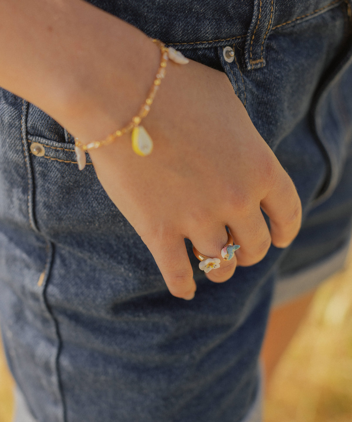 Bague FaceToFace oiseau bleu & fleur de poirier