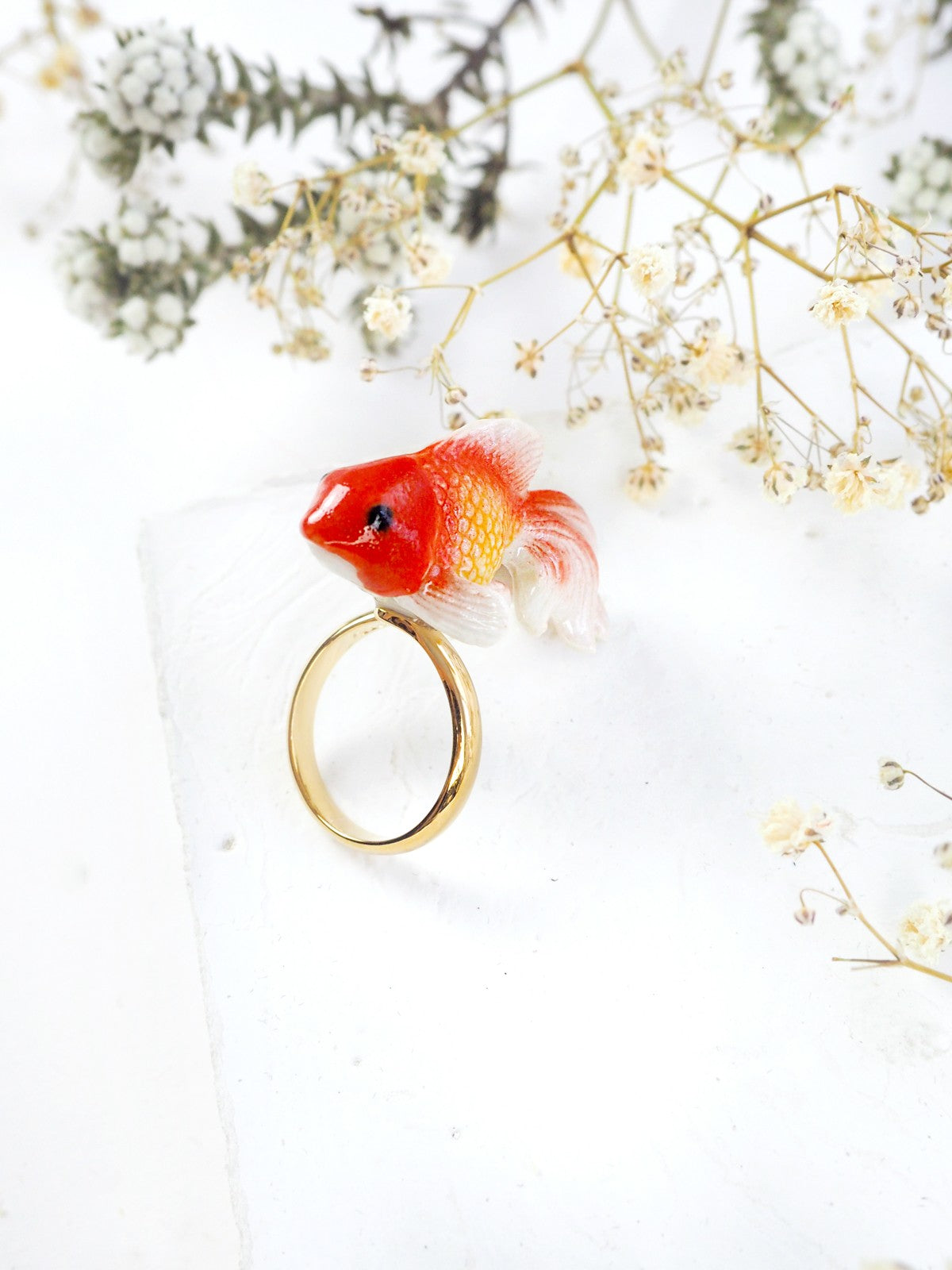 bague ajustable en porcelaine peinte à la main animal poisson orange oranda