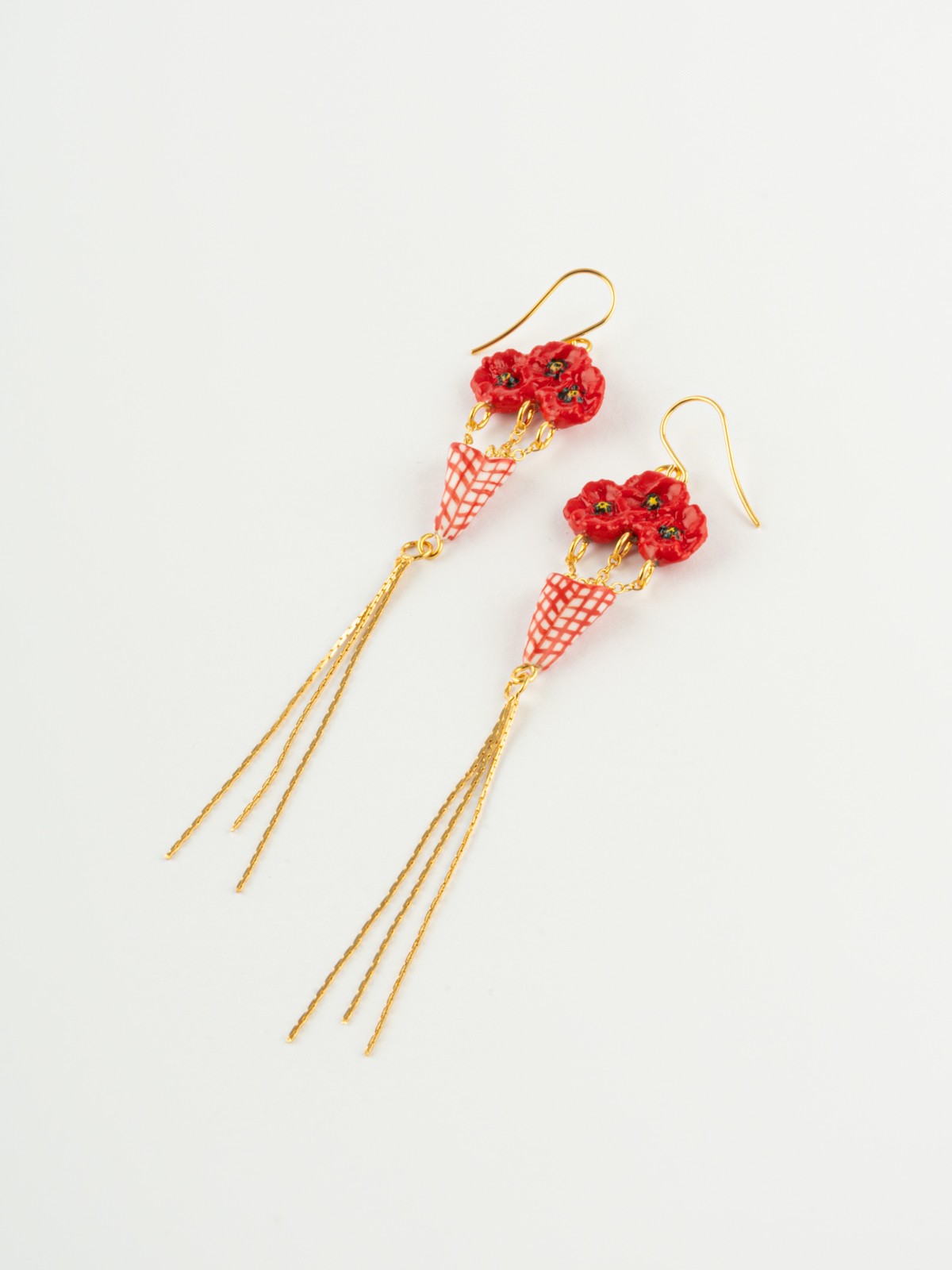 Boucles d'oreilles bouquet coquelicot avec franges dorées nach