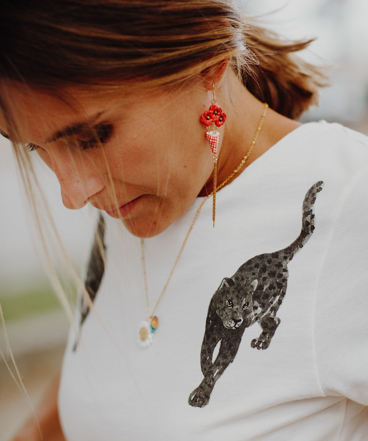 Boucles d'oreilles bouquet coquelicot avec franges dorées nach