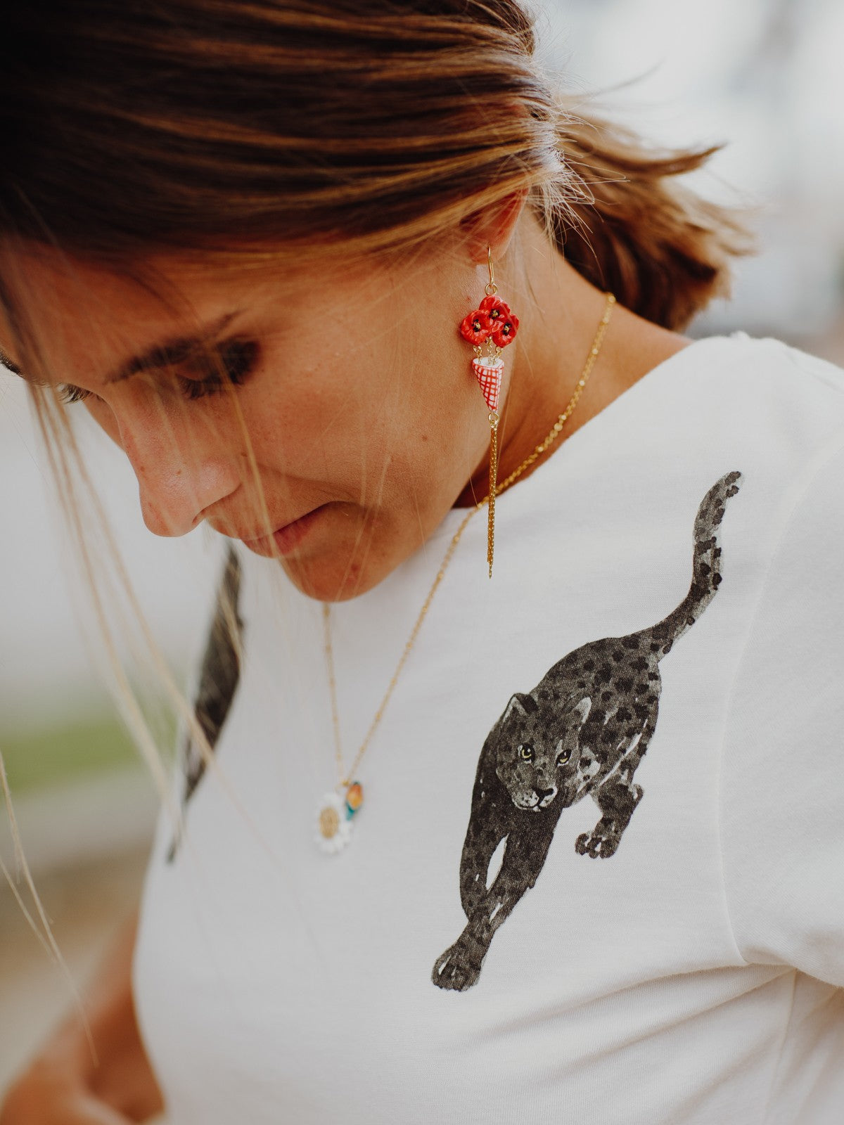 Boucles d'oreilles bouquet coquelicot avec franges dorées nach