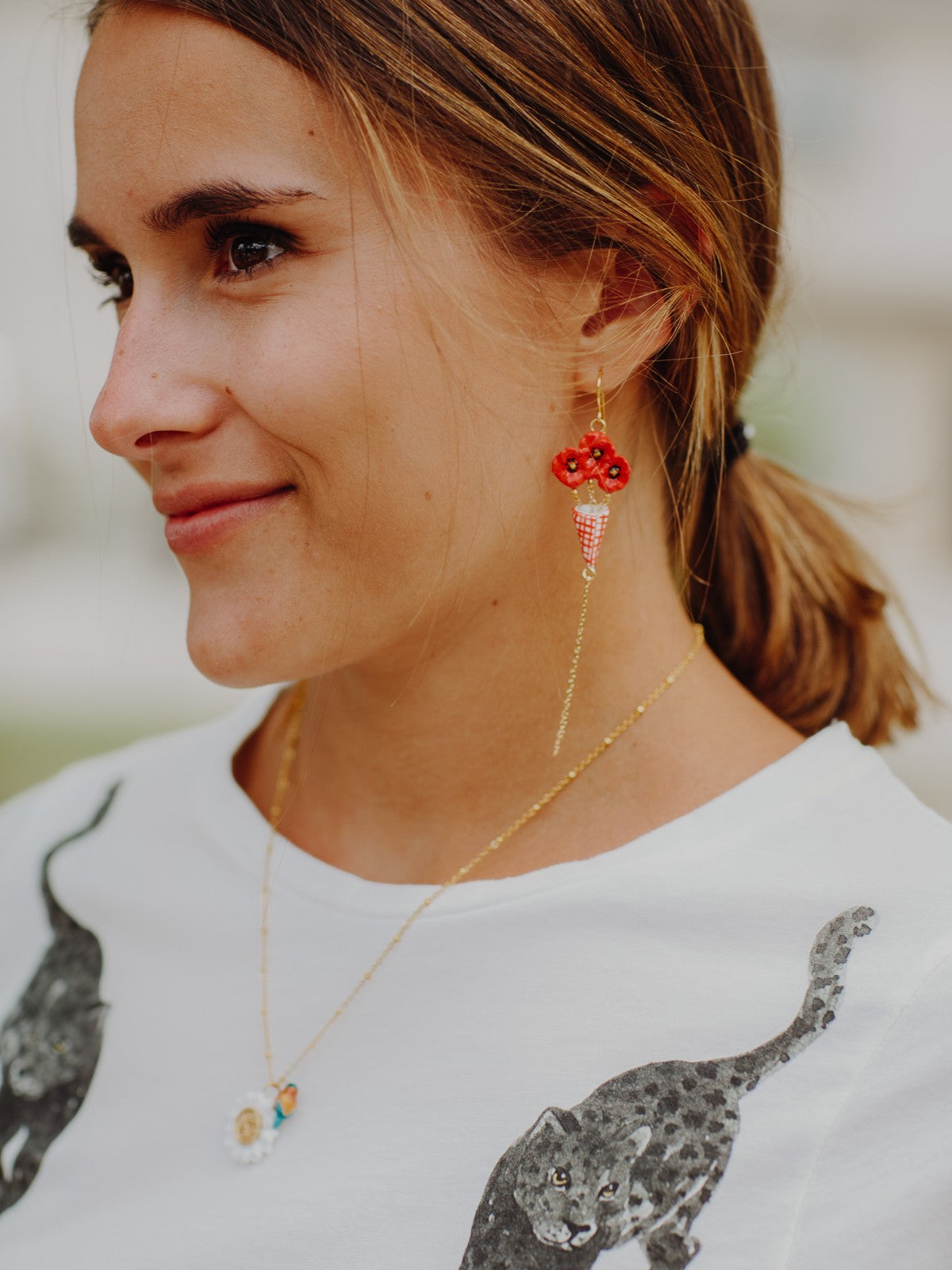 Boucles d'oreilles bouquet coquelicot avec franges dorées nach