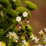 boucles d'oreilles pendantes chat blanc marron noir fleur pampille porcelaine