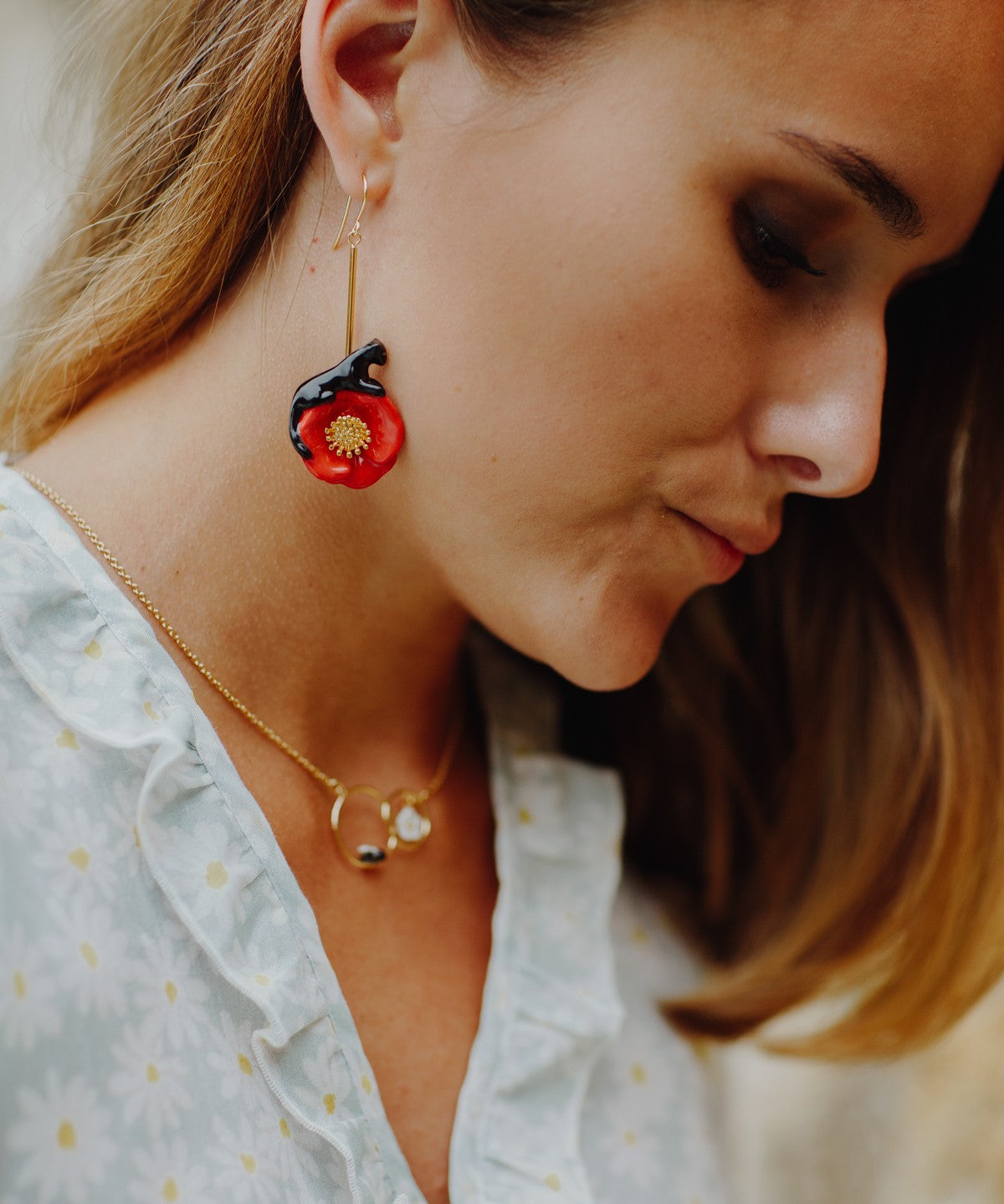 Boucles d'oreilles fleurs et animal coquelicot panthère noire