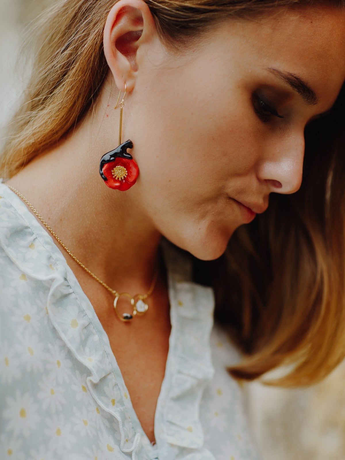 Boucles d'oreilles fleurs et animal coquelicot panthère noire