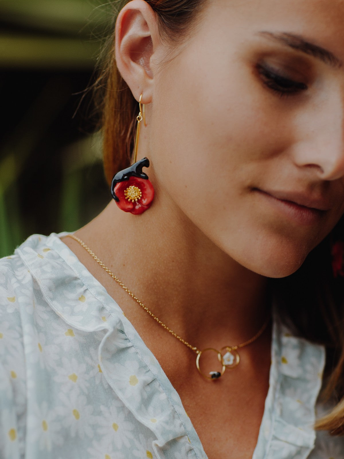 Boucles d'oreilles fleurs et animal coquelicot panthère noire