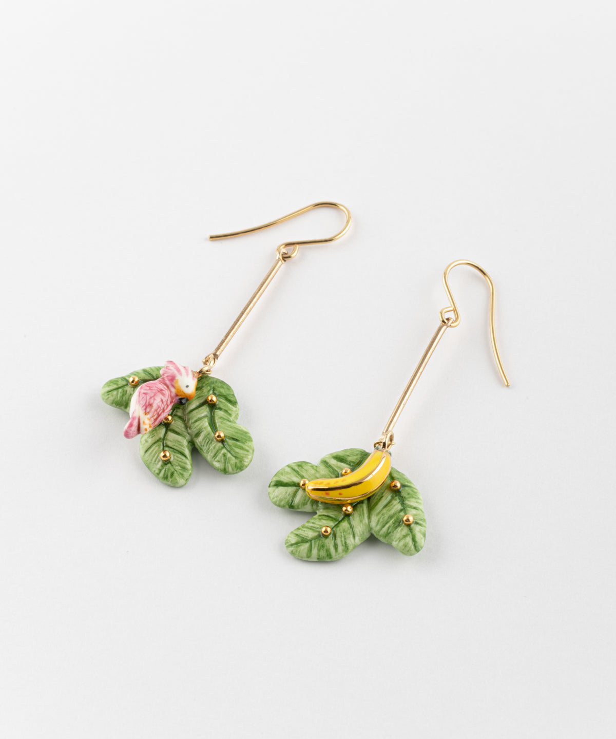 Boucles d'oreilles feuilles de bananier, cacatoès & banane