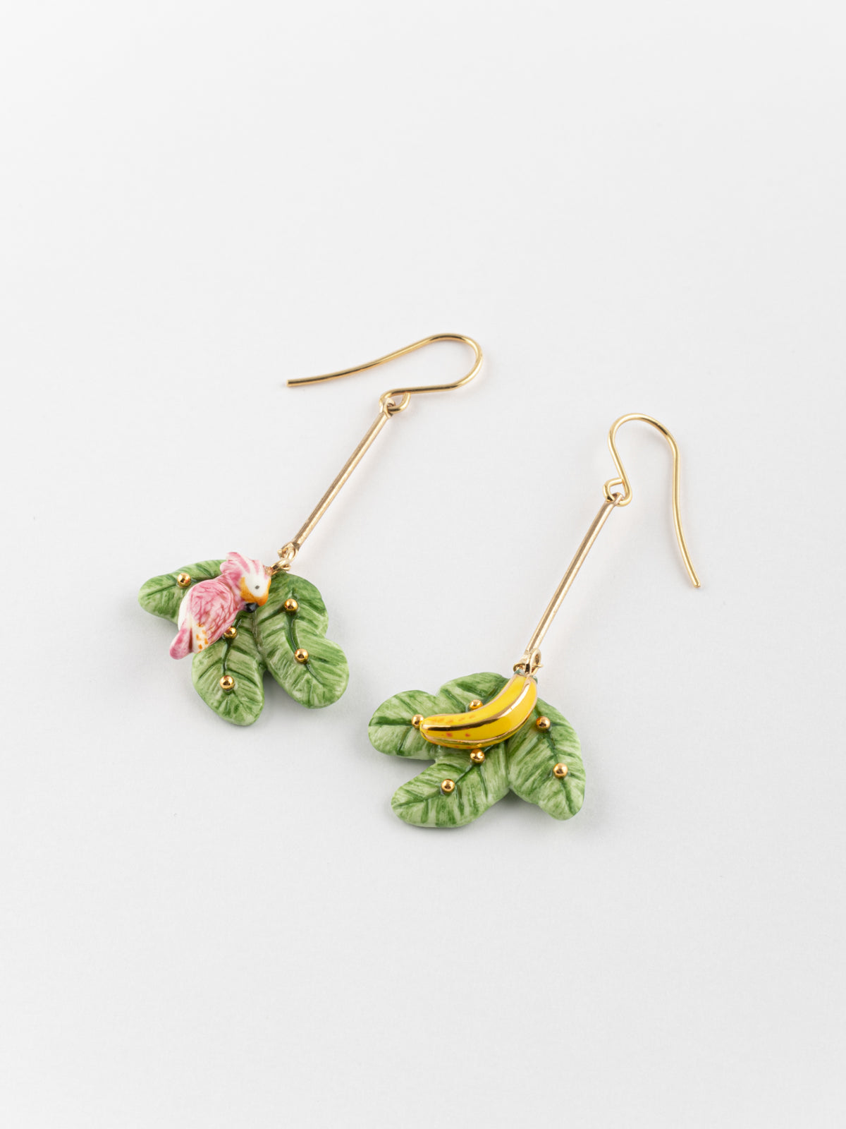 Boucles d'oreilles feuilles de bananier, cacatoès & banane