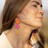 Boucles d'oreilles fleurs en raphia & goutte orange