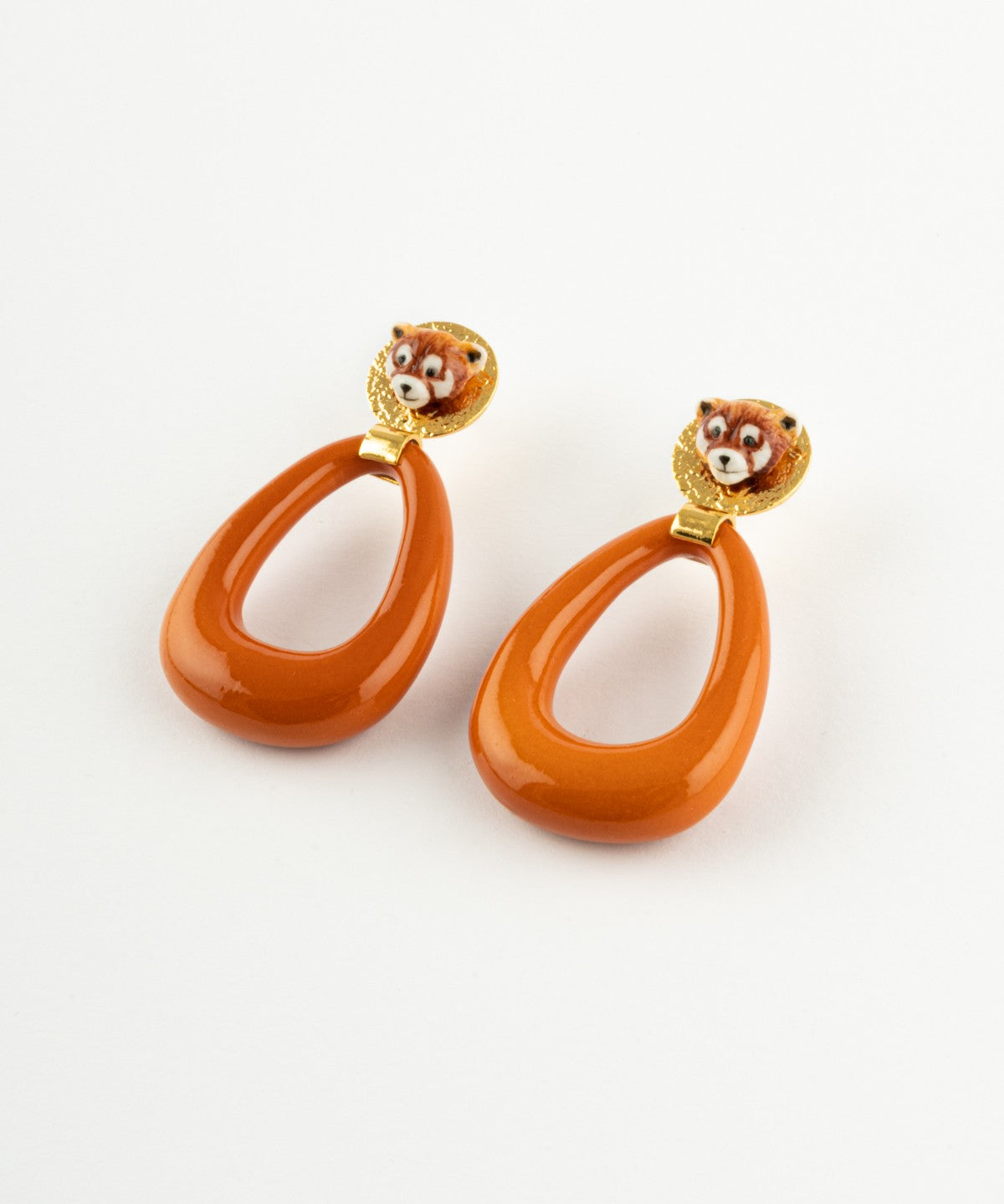 Boucle d'oreilles goutte ovale porcelaine terracotta fait main panda roux animal