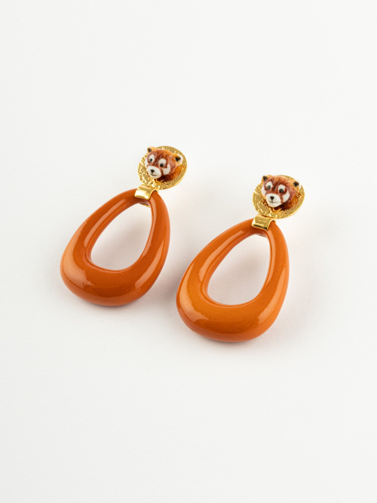 Boucle d'oreilles goutte ovale porcelaine terracotta fait main panda roux animal