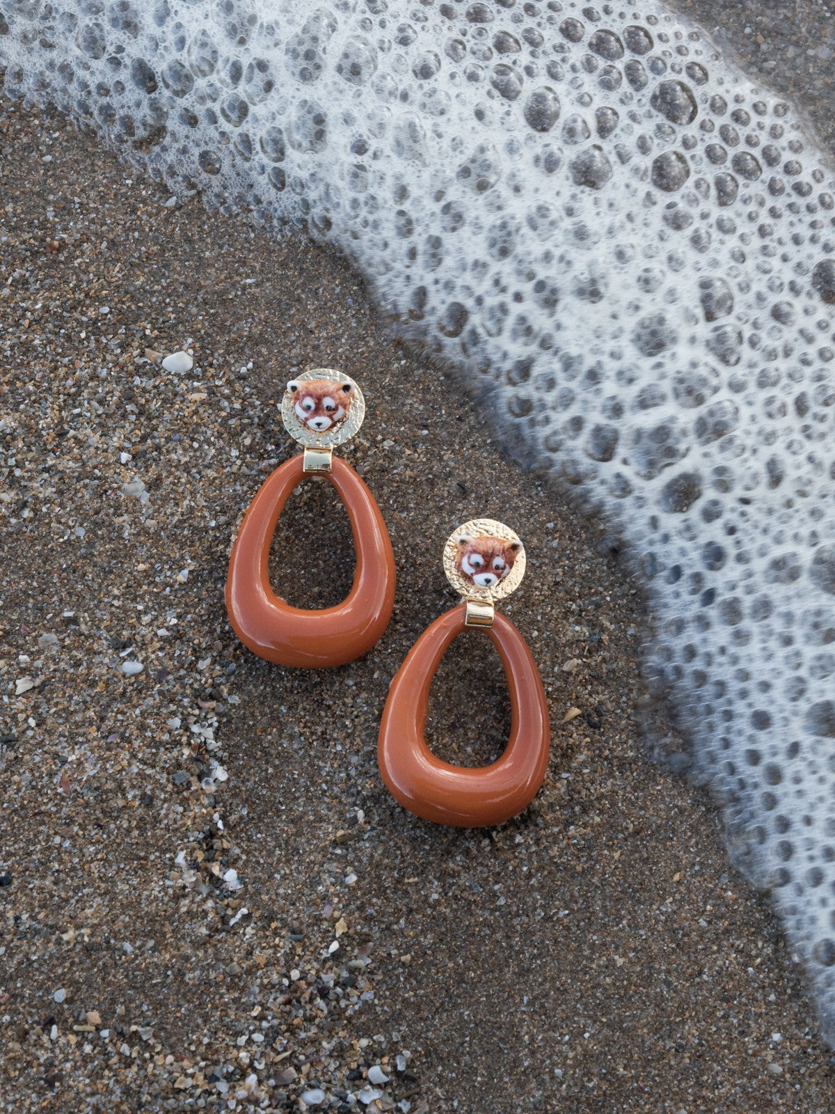 Boucle d'oreilles goutte ovale porcelaine terracotta fait main panda roux animal