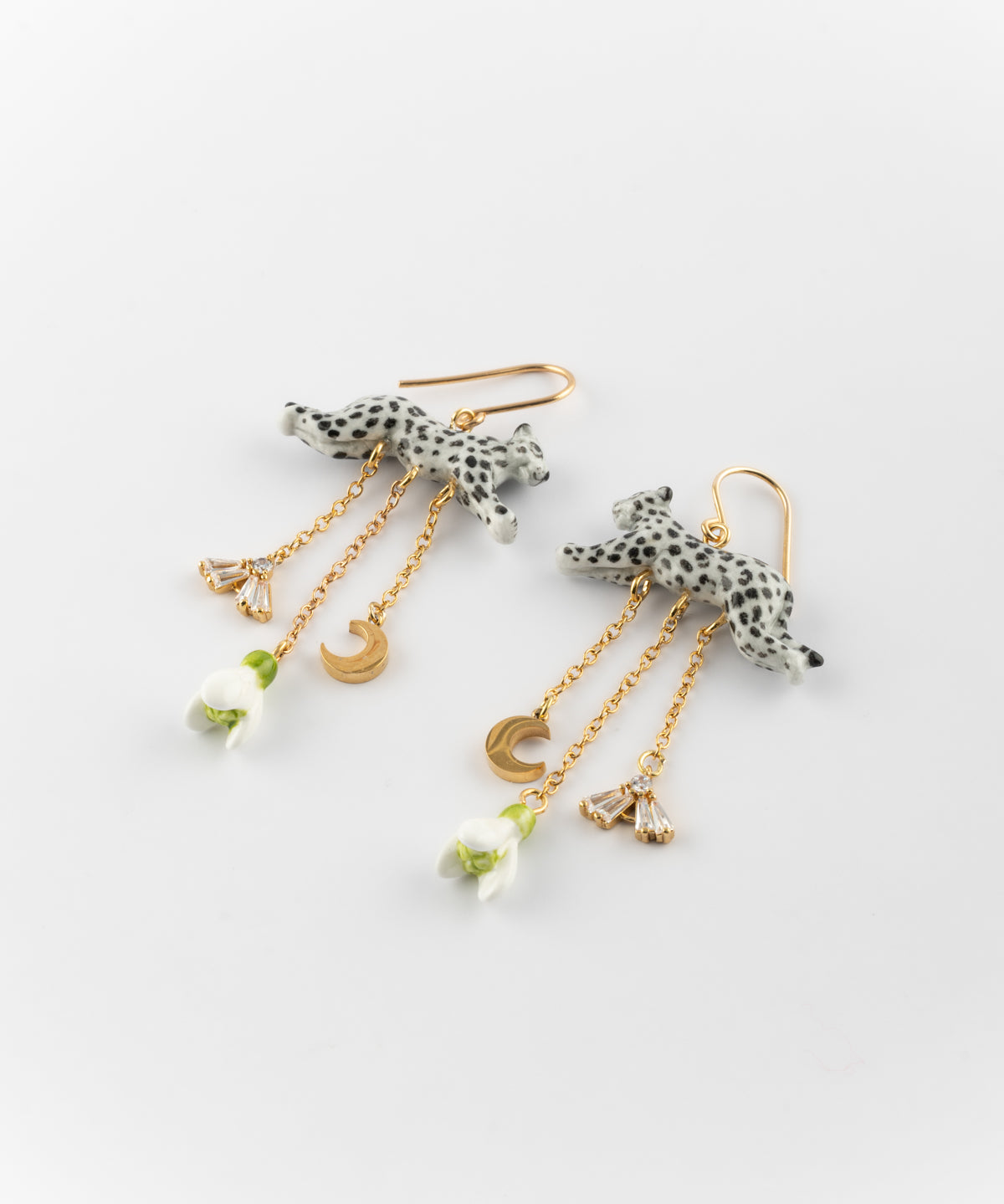 Boucles d'oreilles léopard, perce-neige & lune - L'Etincelle