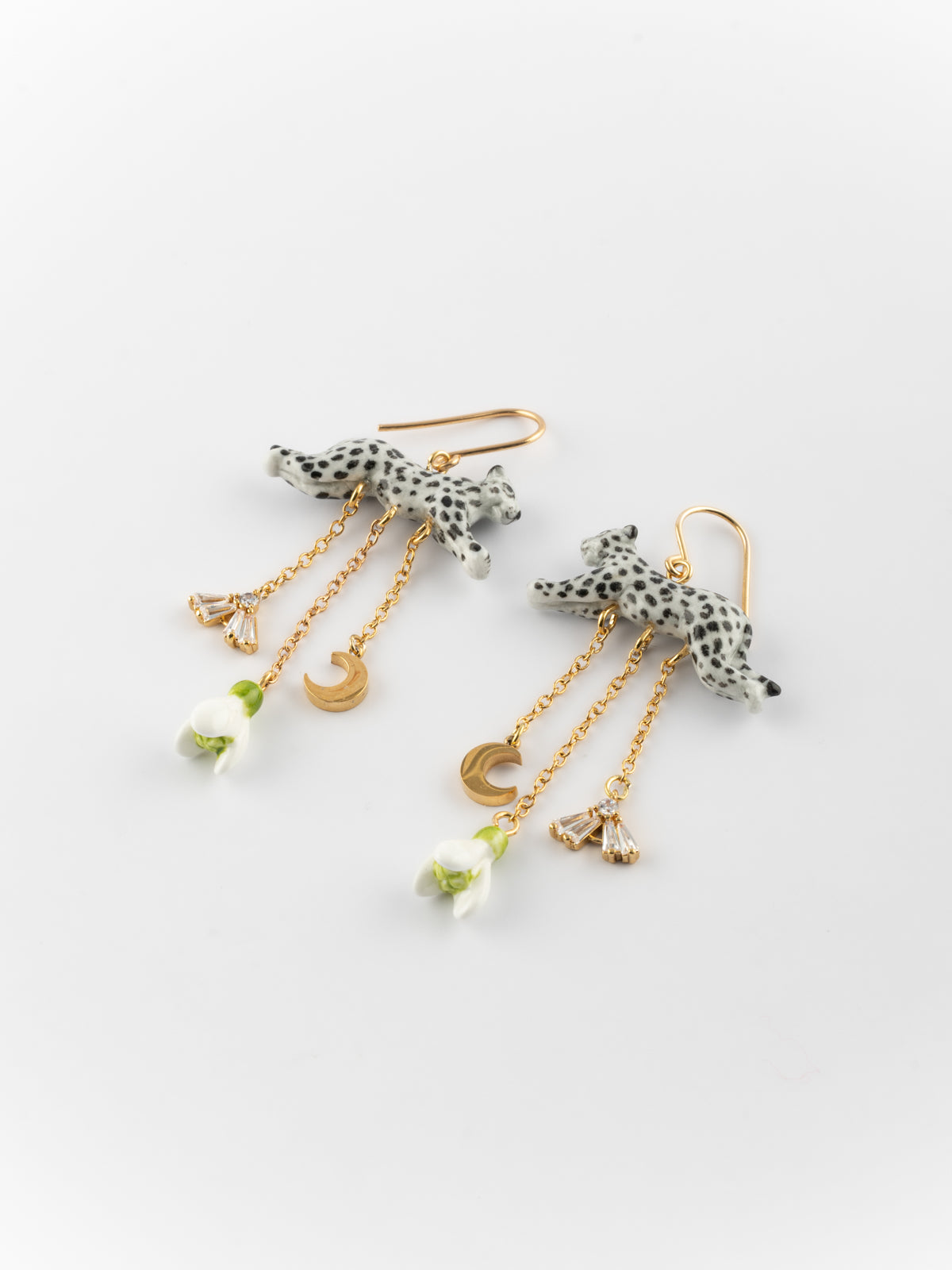 Boucles d'oreilles léopard, perce-neige & lune - L'Etincelle