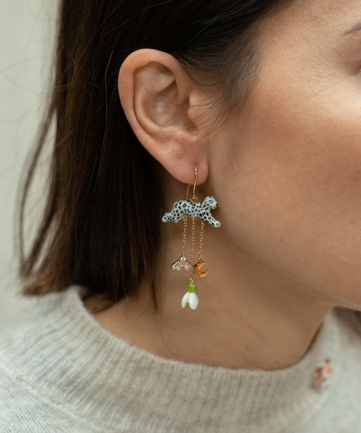 Boucles d'oreilles léopard, perce-neige & lune - L'Etincelle