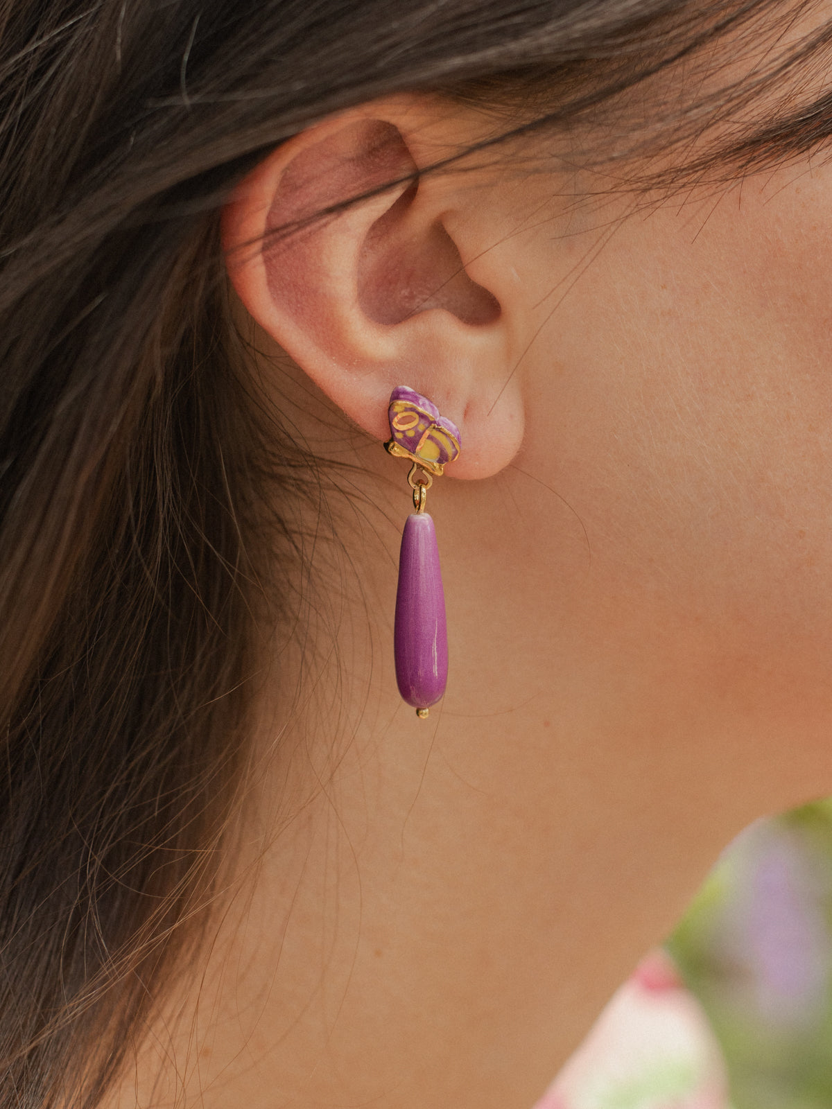 Boucles d'oreilles papillon violet & goutte