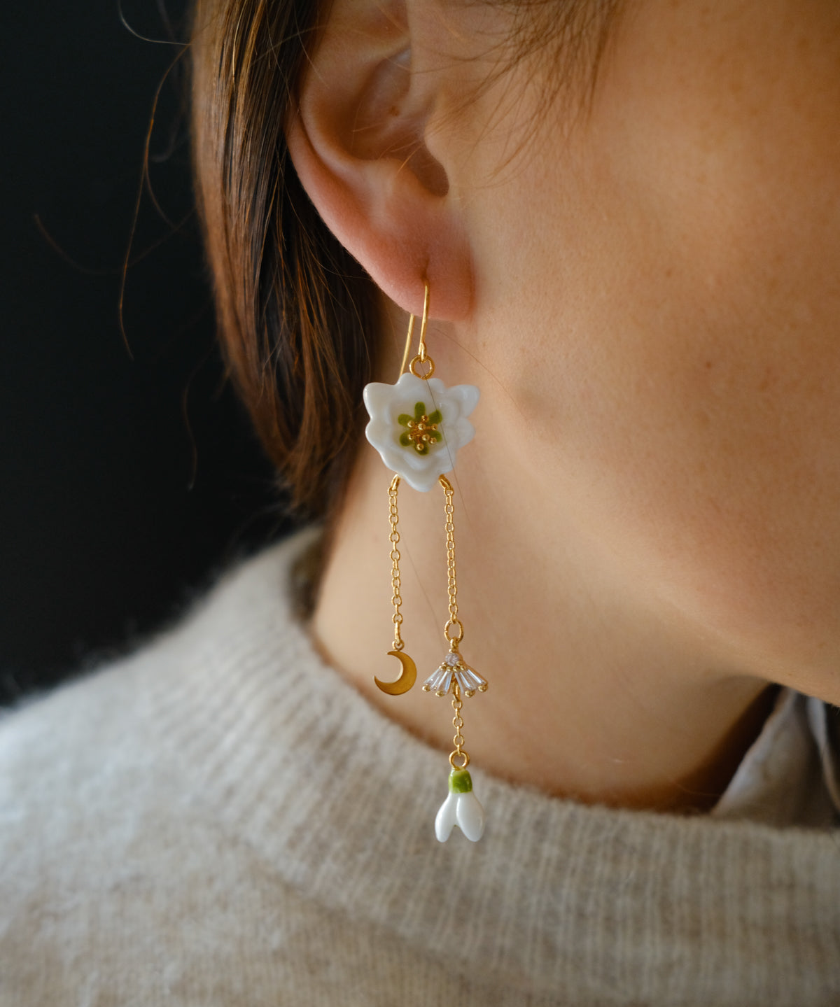 Boucles d'oreilles perce-neige & lune - L'Etincelle