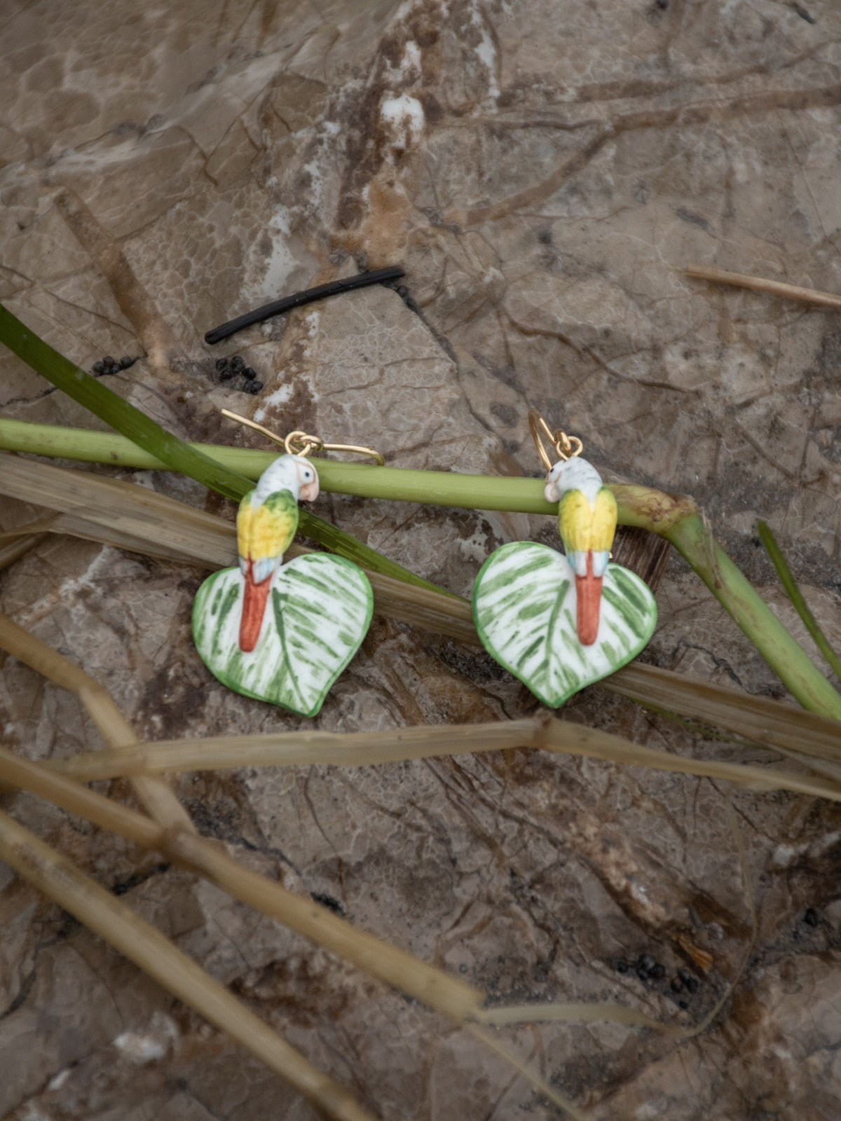 Boucles d'oreilles perroquet porcelaine peint à la main