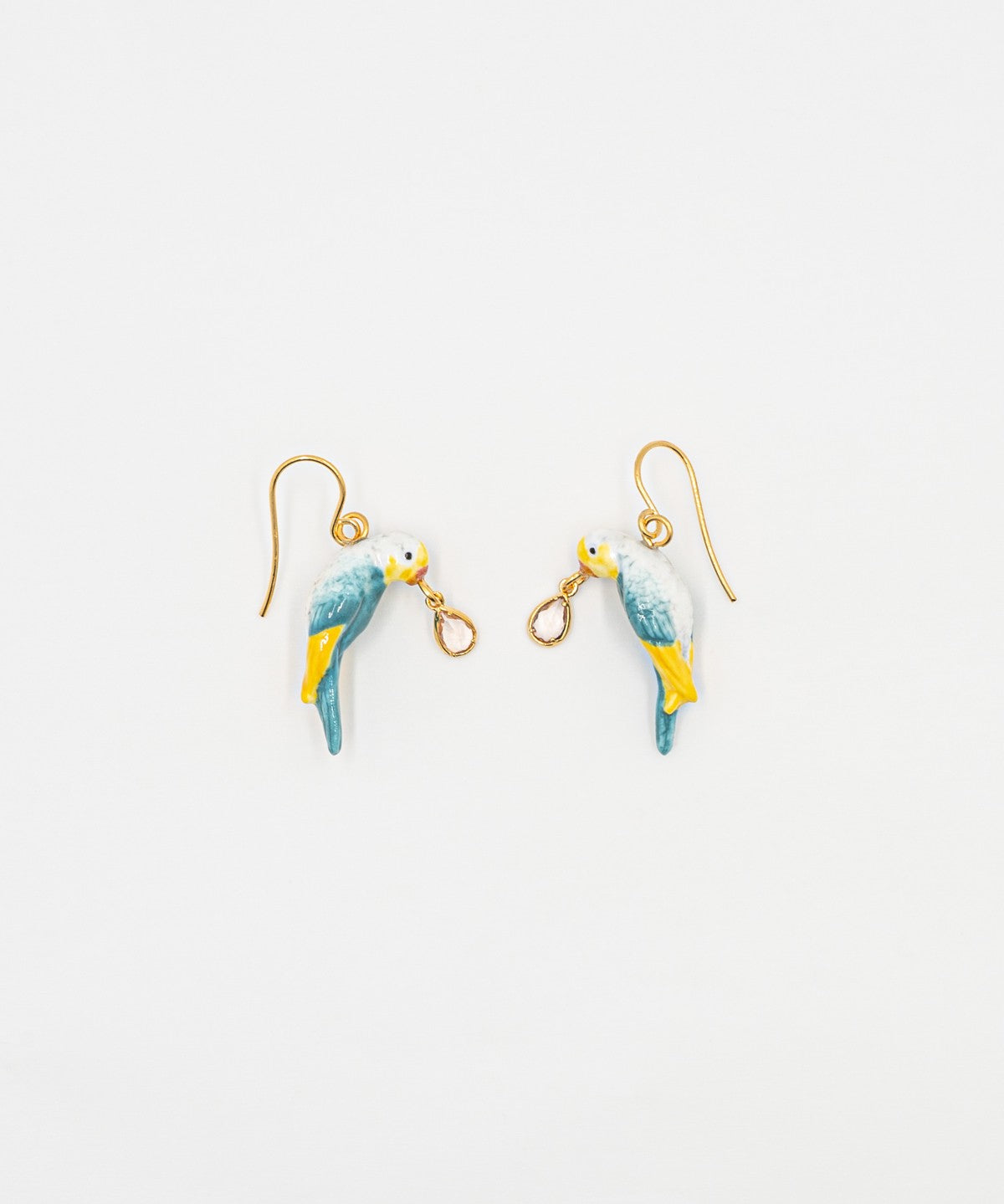 Boucles d'oreilles pendantes perruche bleue et jaune en porcelaine avec pampille