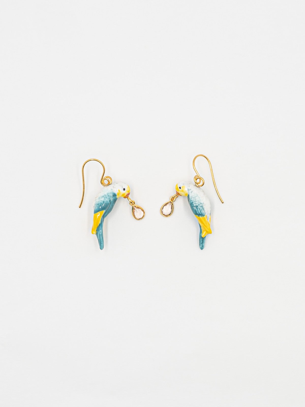 Boucles d'oreilles pendantes perruche bleue et jaune en porcelaine avec pampille