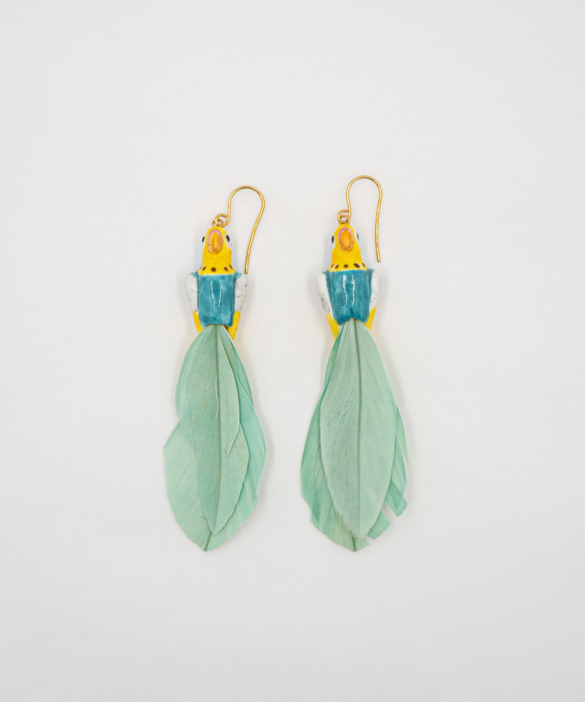 boucles d'oreilles pendantes perruche perroquet bleu et jaune plumes