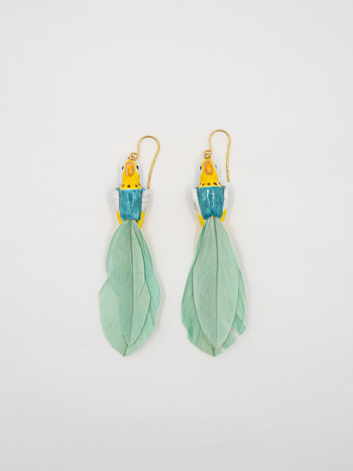 boucles d'oreilles pendantes perruche perroquet bleu et jaune plumes