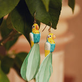 boucles d'oreilles pendantes perruche perroquet bleu et jaune plumes