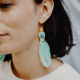 boucles d'oreilles pendantes perruche perroquet bleu et jaune plumes