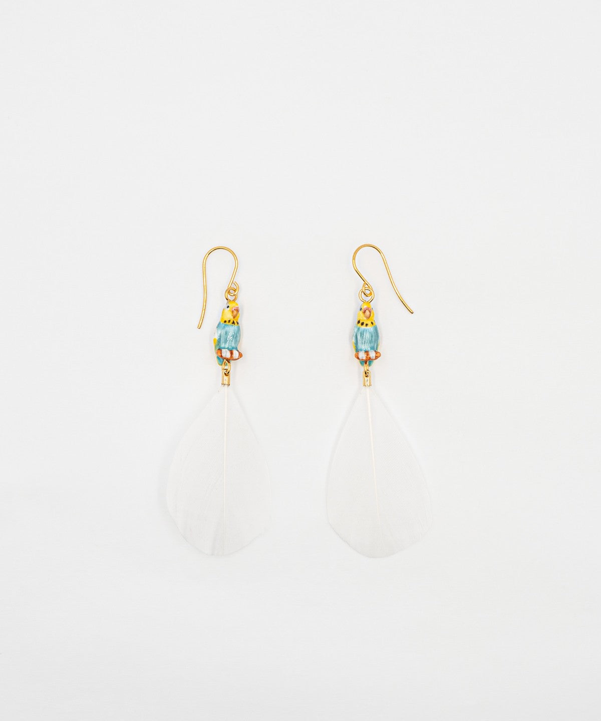 boucles d'oreilles pendantes perruche bleue et jaune plume blanche