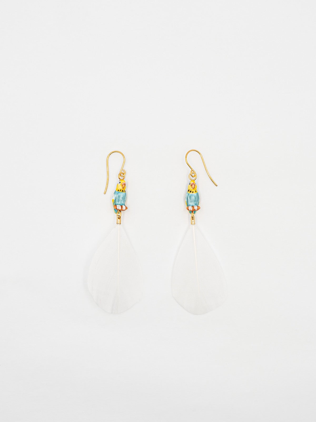 boucles d'oreilles pendantes perruche bleue et jaune plume blanche