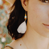 boucles d'oreilles pendantes perruche bleue et jaune plume blanche