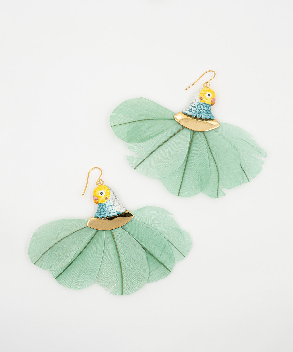 boucles d'oreilles pendantes perruche bleue et jaune perroquet plume bleues