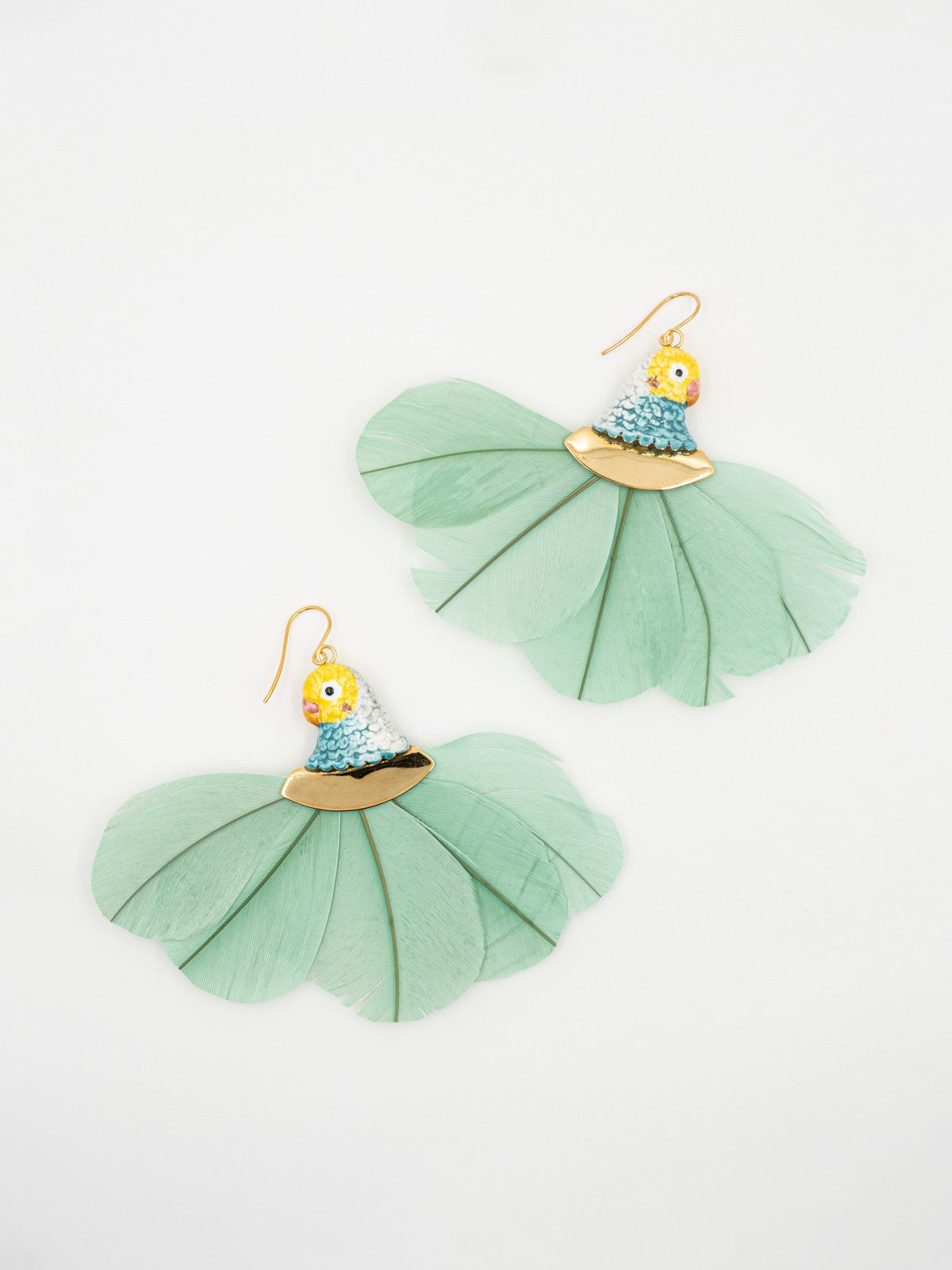 boucles d'oreilles pendantes perruche bleue et jaune perroquet plume bleues