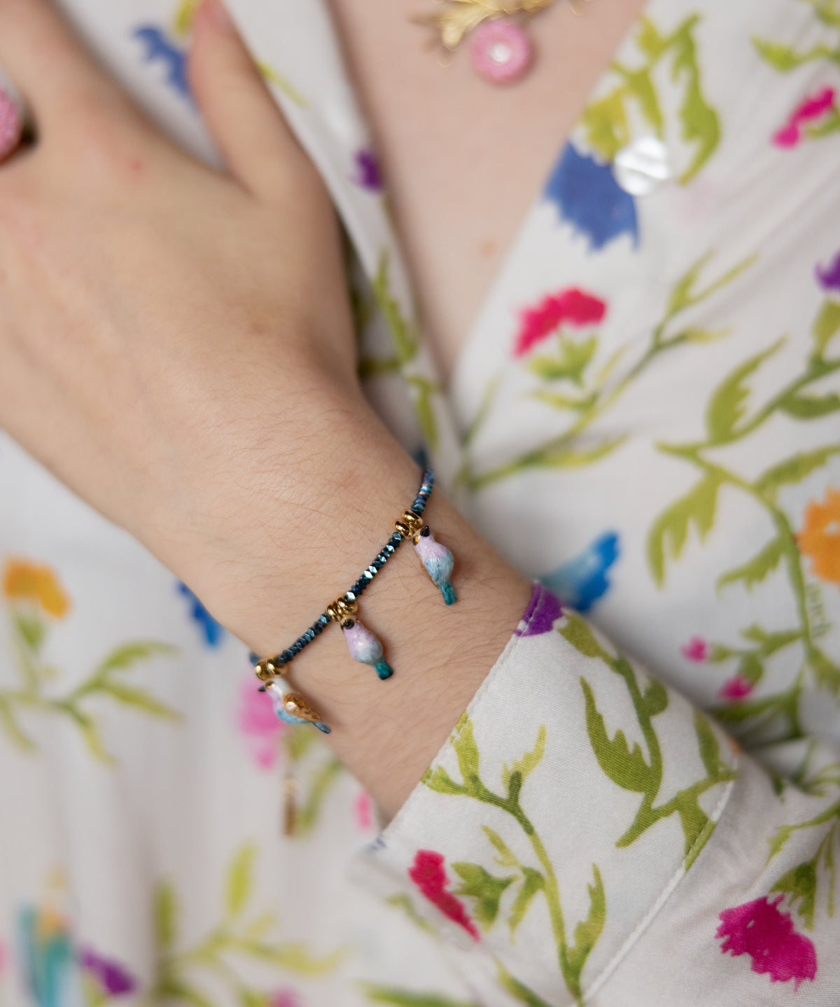 Bracelet oiseaux rose et bleu