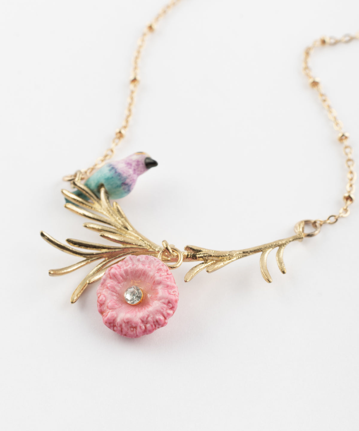 Collier oiseau et chardon rose