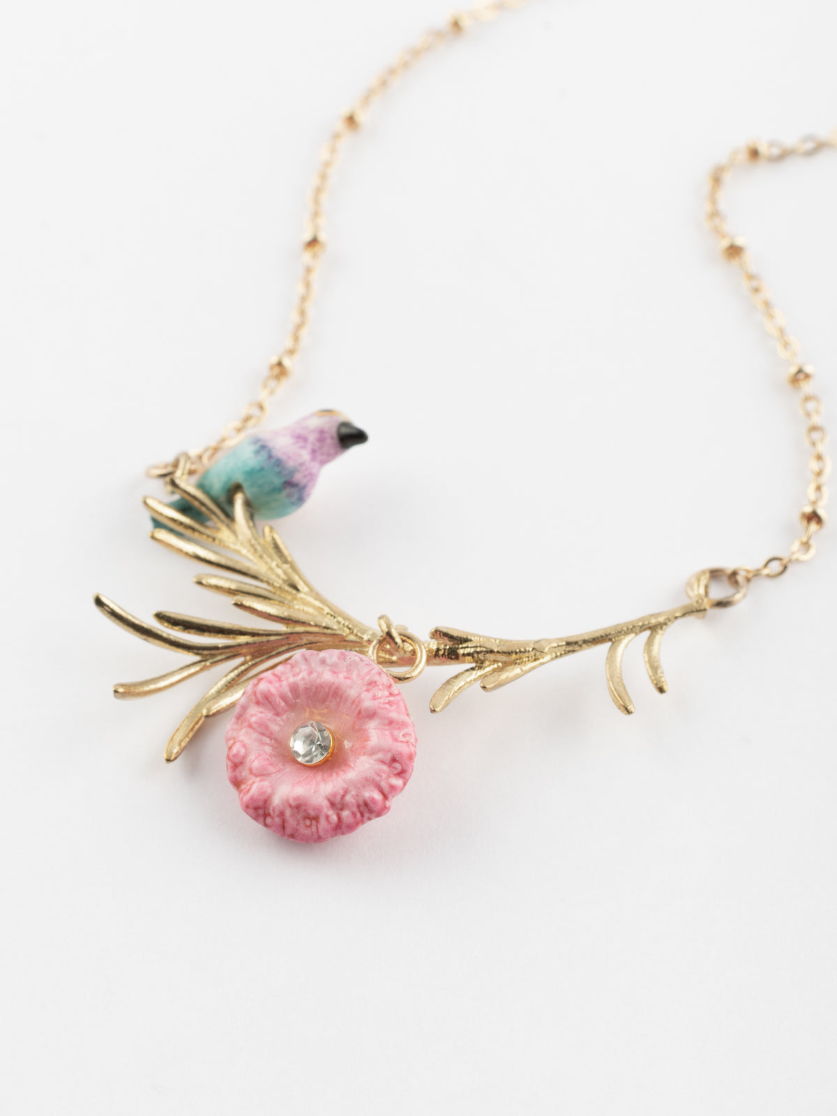 Collier oiseau et chardon rose