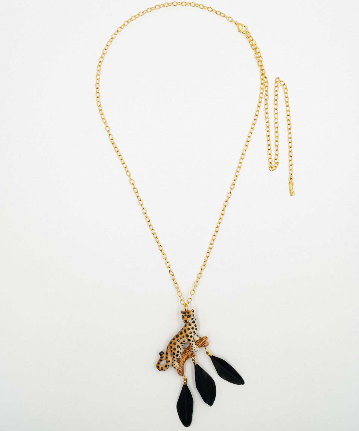 collier doré léopard plumes noires porcelaine