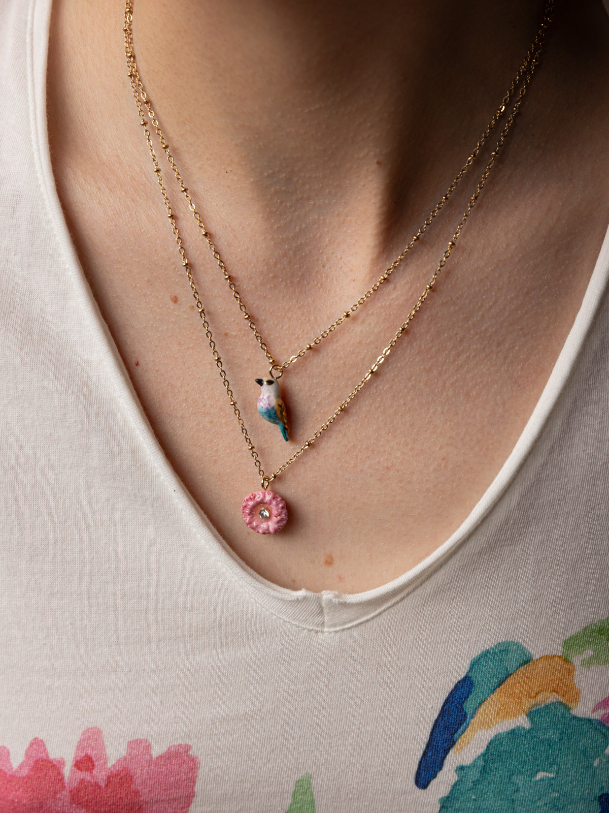 Collier oiseau rose et bleu