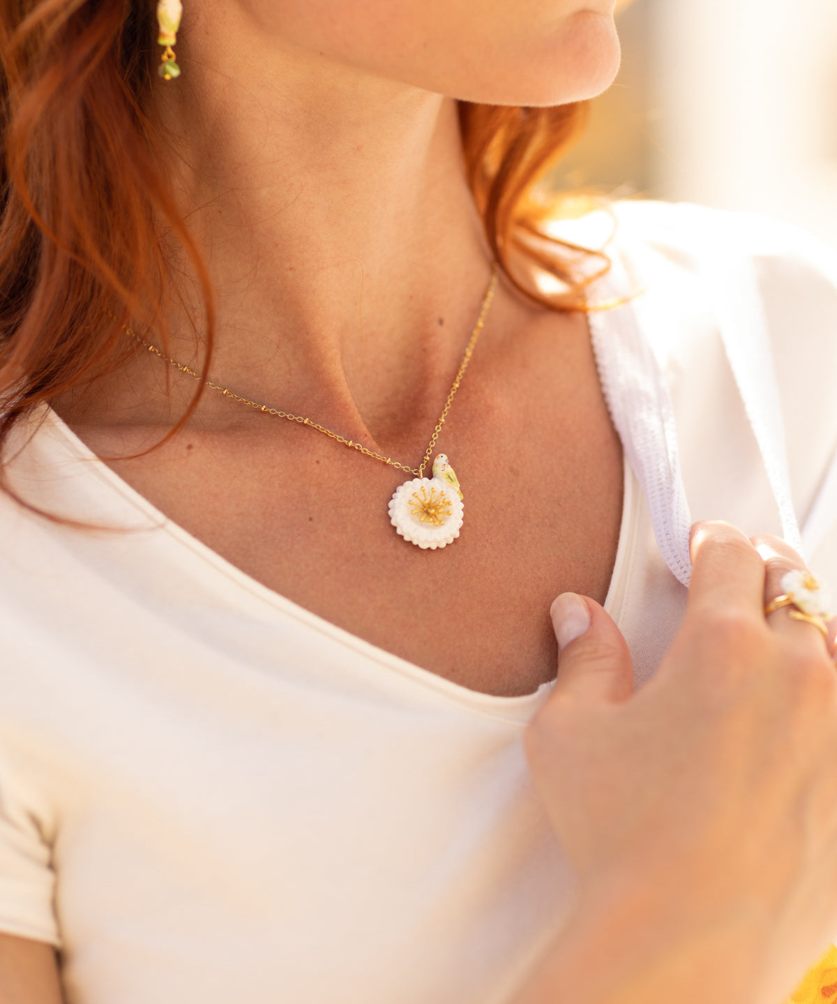 Collier perruche sur pissenlit blanc