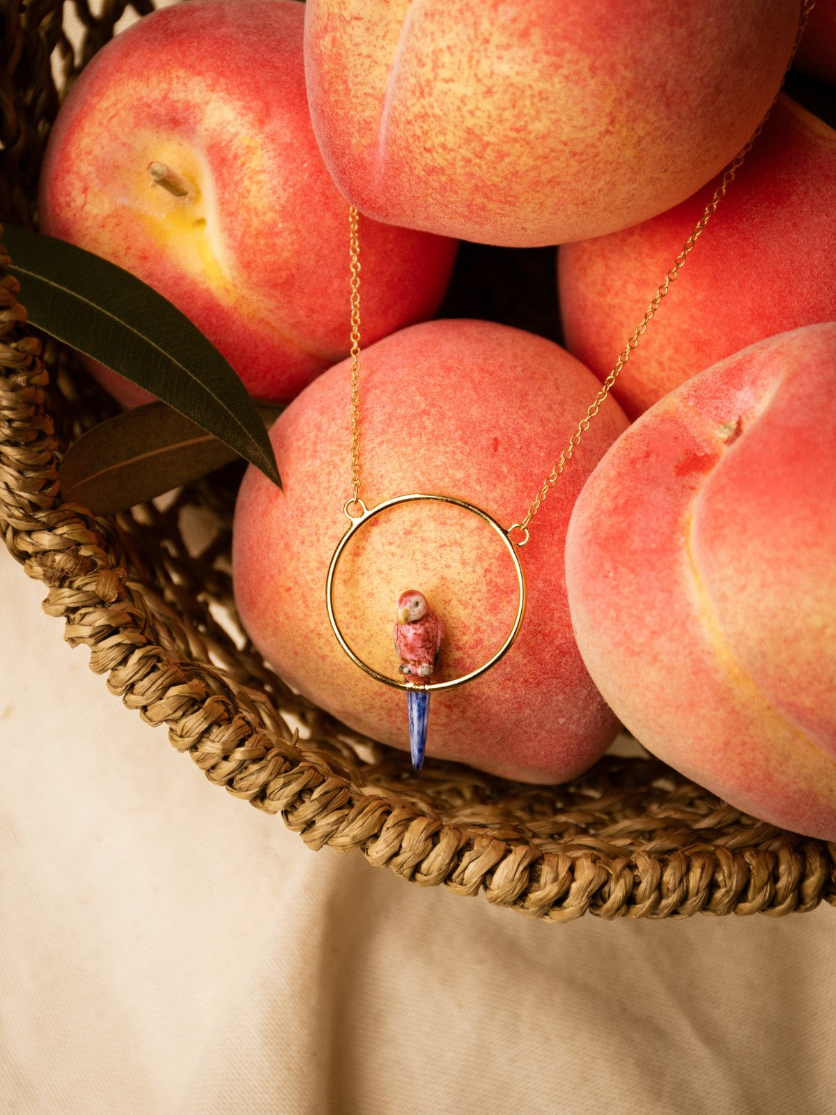 collier rond doré perroquet rose et bleu