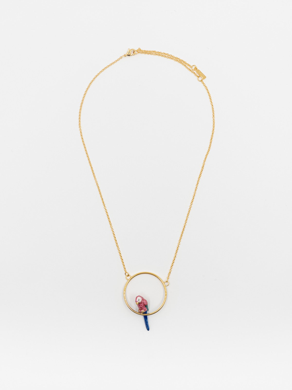 collier rond doré perroquet rose et bleu