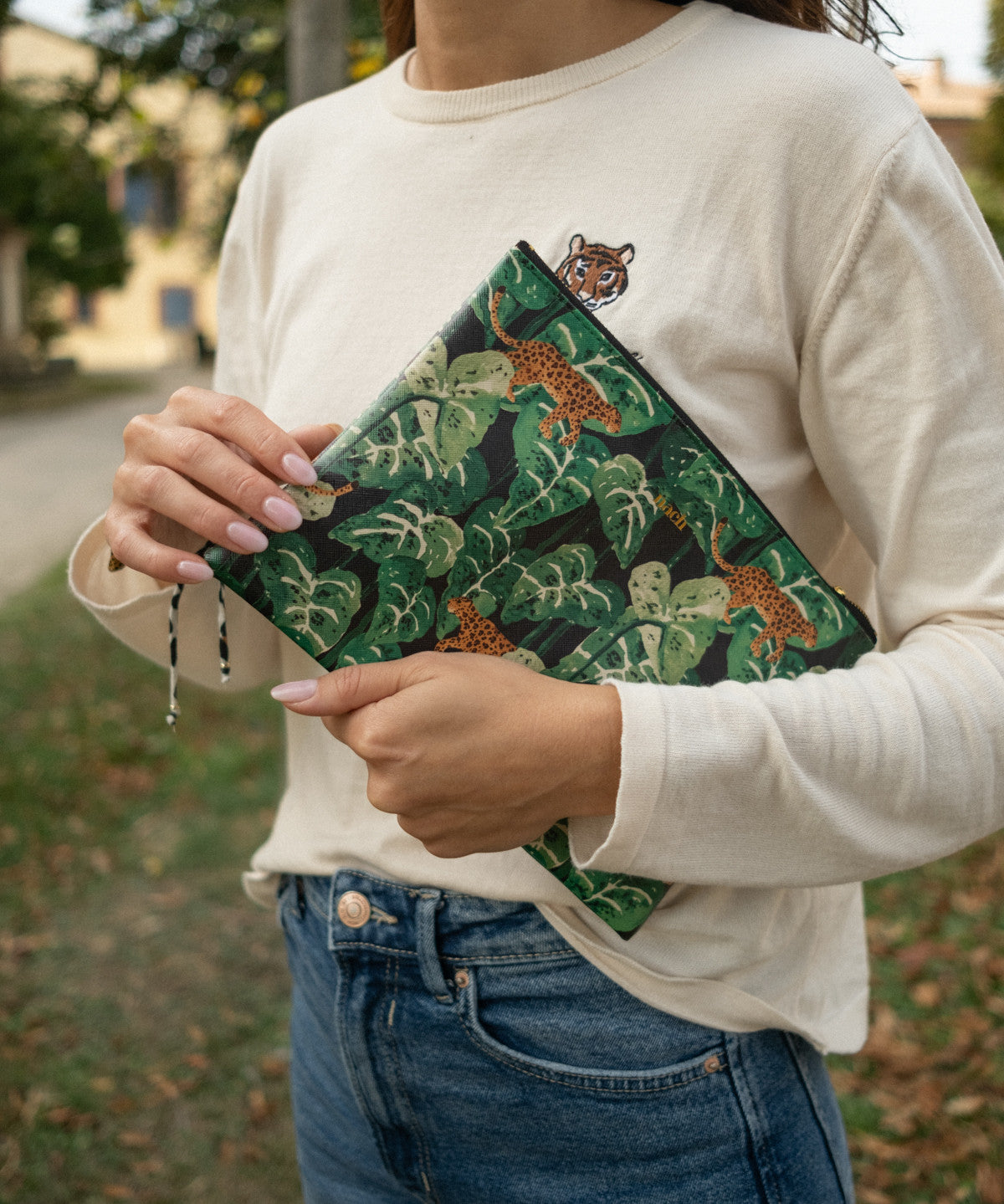 Pochette feuilles & léopard