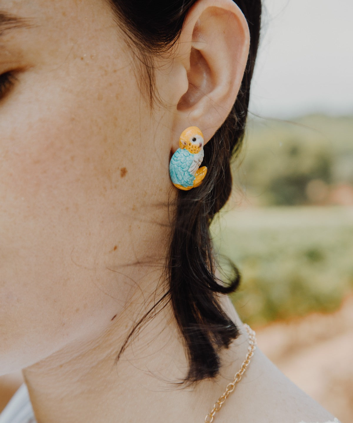 boucles d'oreilles puces perruches jaune et bleue porcelaine