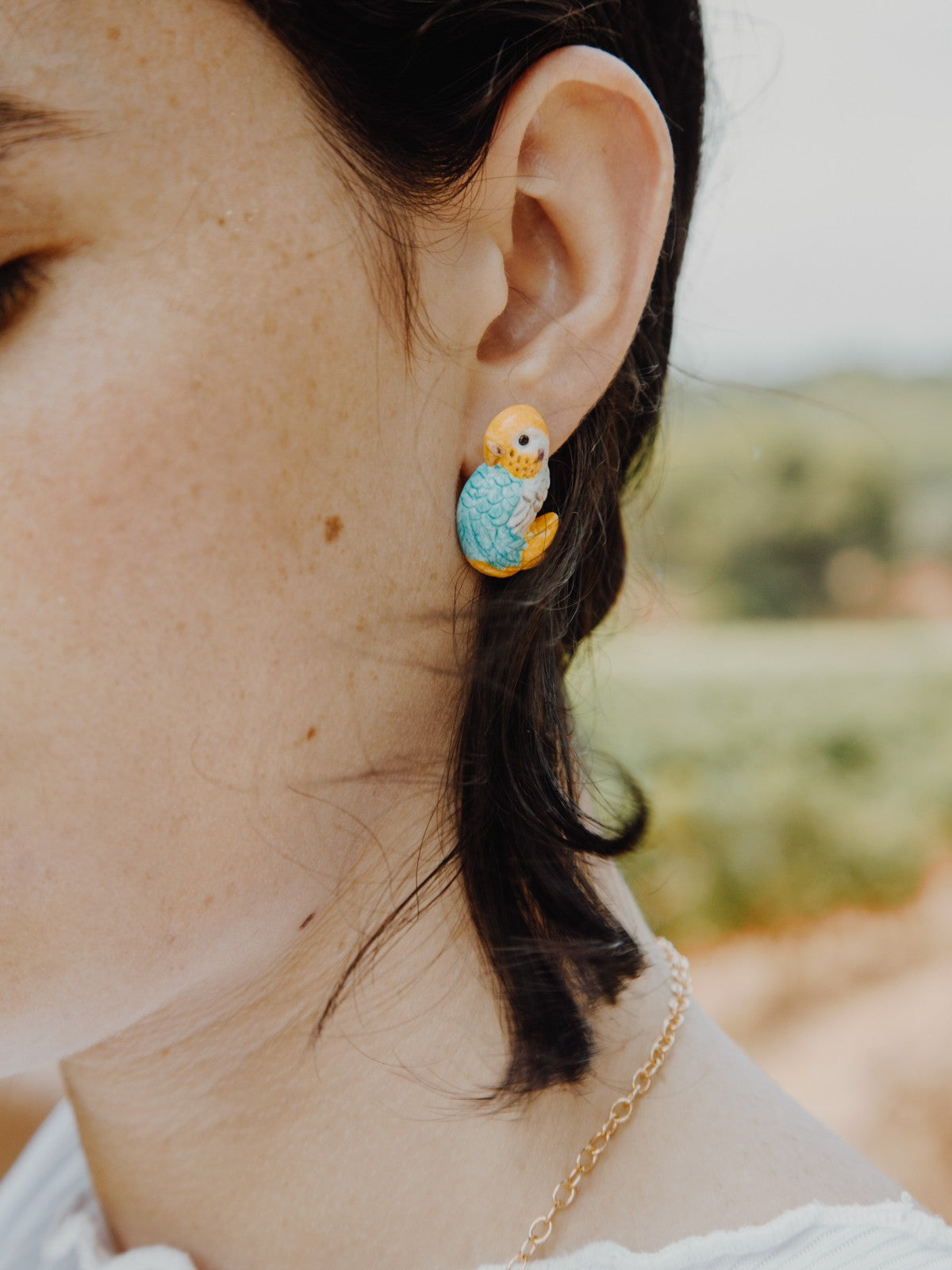 boucles d'oreilles puces perruches jaune et bleue porcelaine