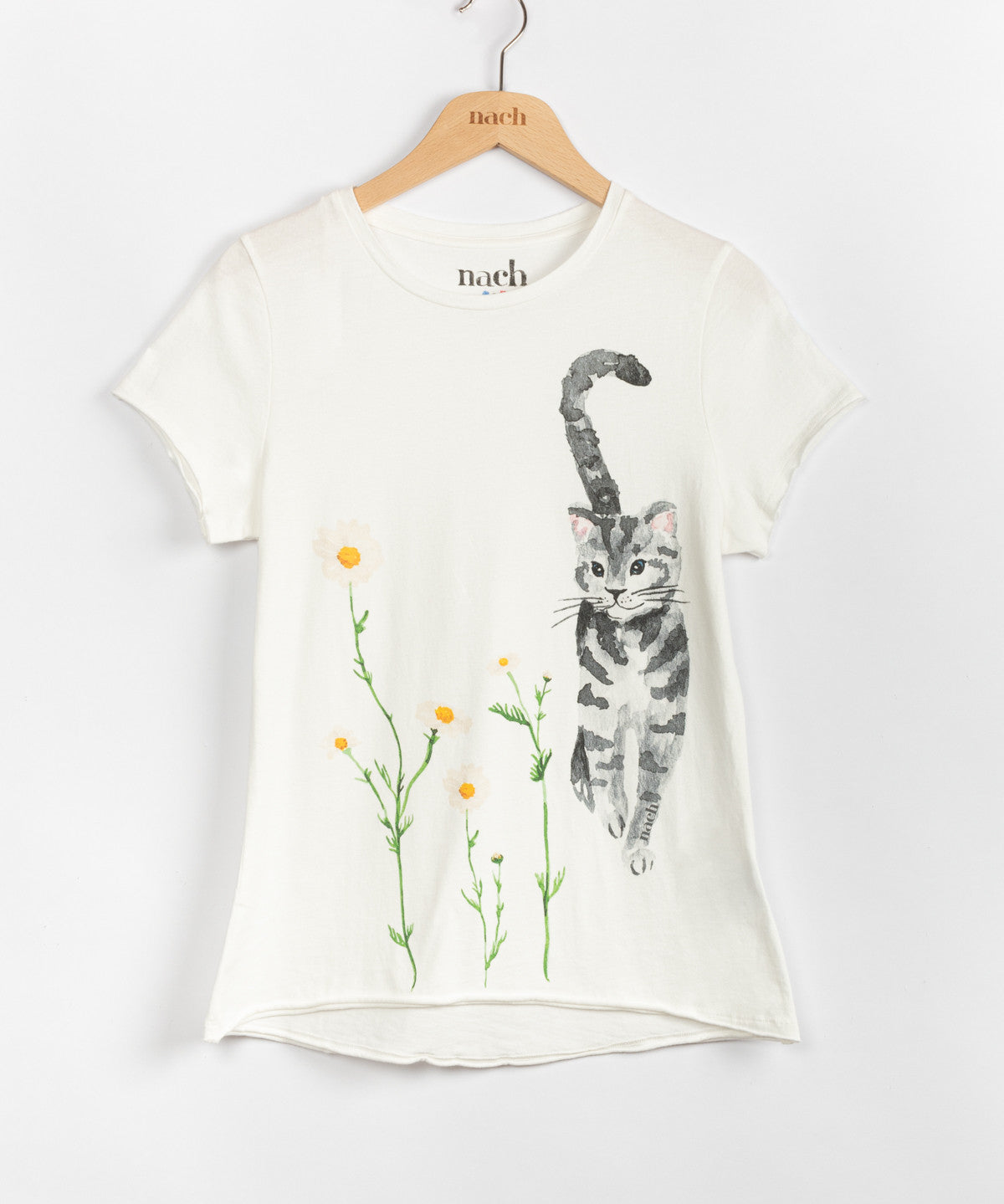 t-shirt blanc col rond chat fleurs marguerite