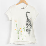 t-shirt blanc col rond chat fleurs marguerite